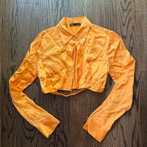 ZARA Orange Cropped satin Button-Up Shirt